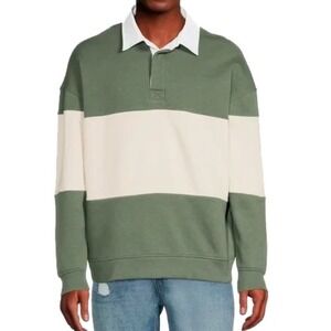 01.Algo Men's Green Clubhouse Colorblock Rugby Polo Long Sleeve Shirt size L NWT